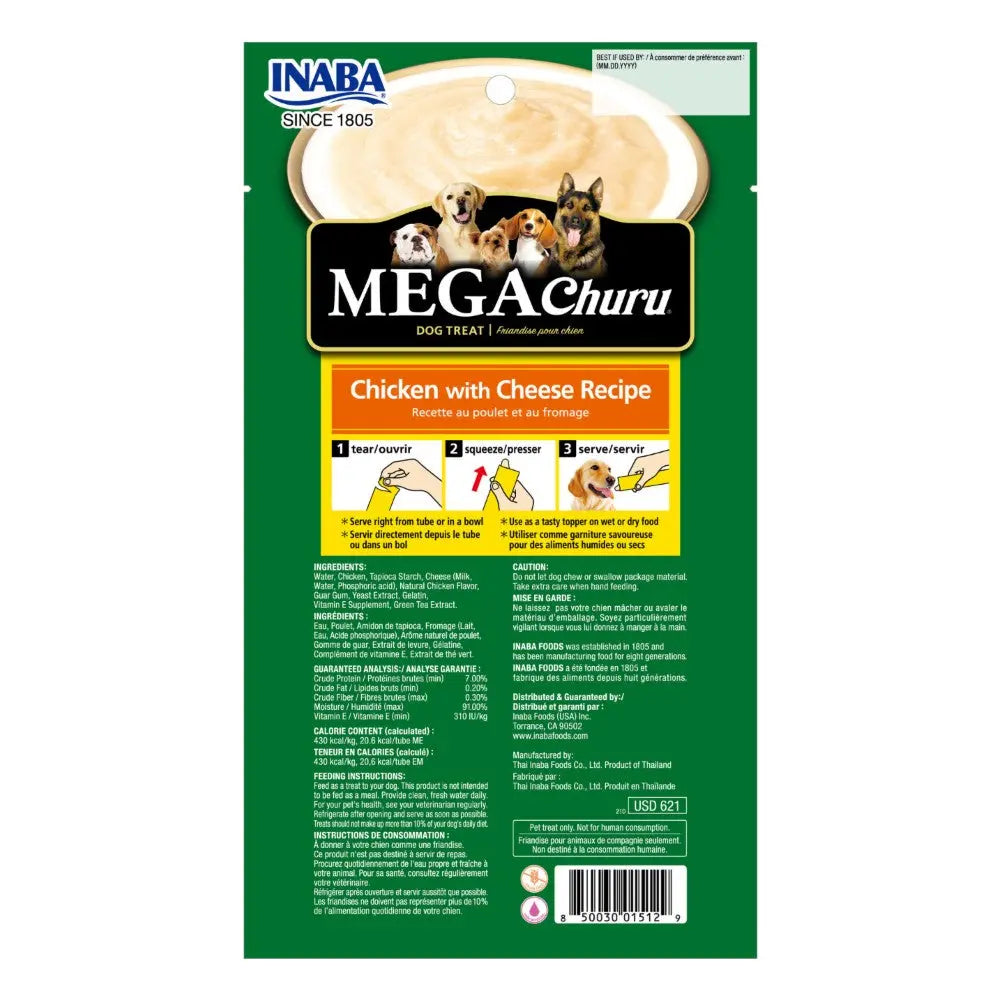 Dog treat packaging for Inaba Mega Churu Chicken with Cheese Recipe, featuring feeding instructions and ingredients.