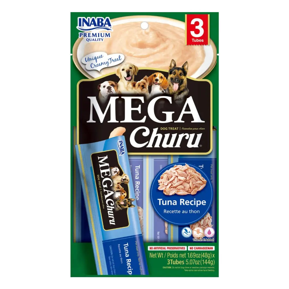 Inaba Mega Churu Tuna Recipe dog treats in a convenient three-tube packaging for a creamy, tasty reward.
