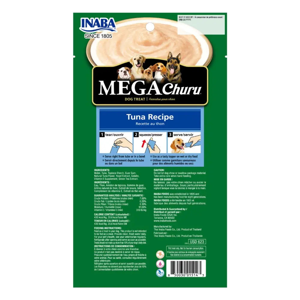 Tuna recipe dog treat packaging with feeding instructions and ingredient details.