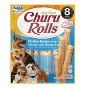 Churu Rolls dog treats with chicken and cheese, featuring a colorful packaging and happy dogs.