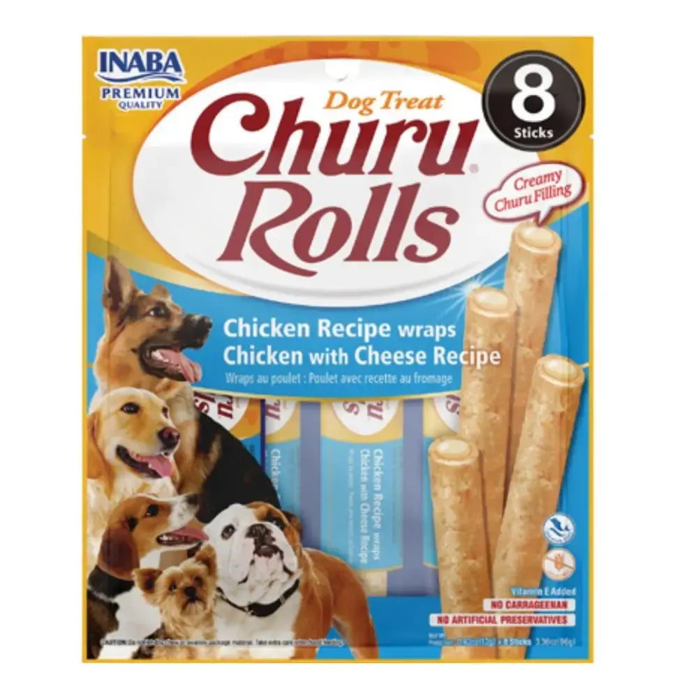 Churu Rolls dog treats with chicken and cheese, featuring a colorful packaging and happy dogs.
