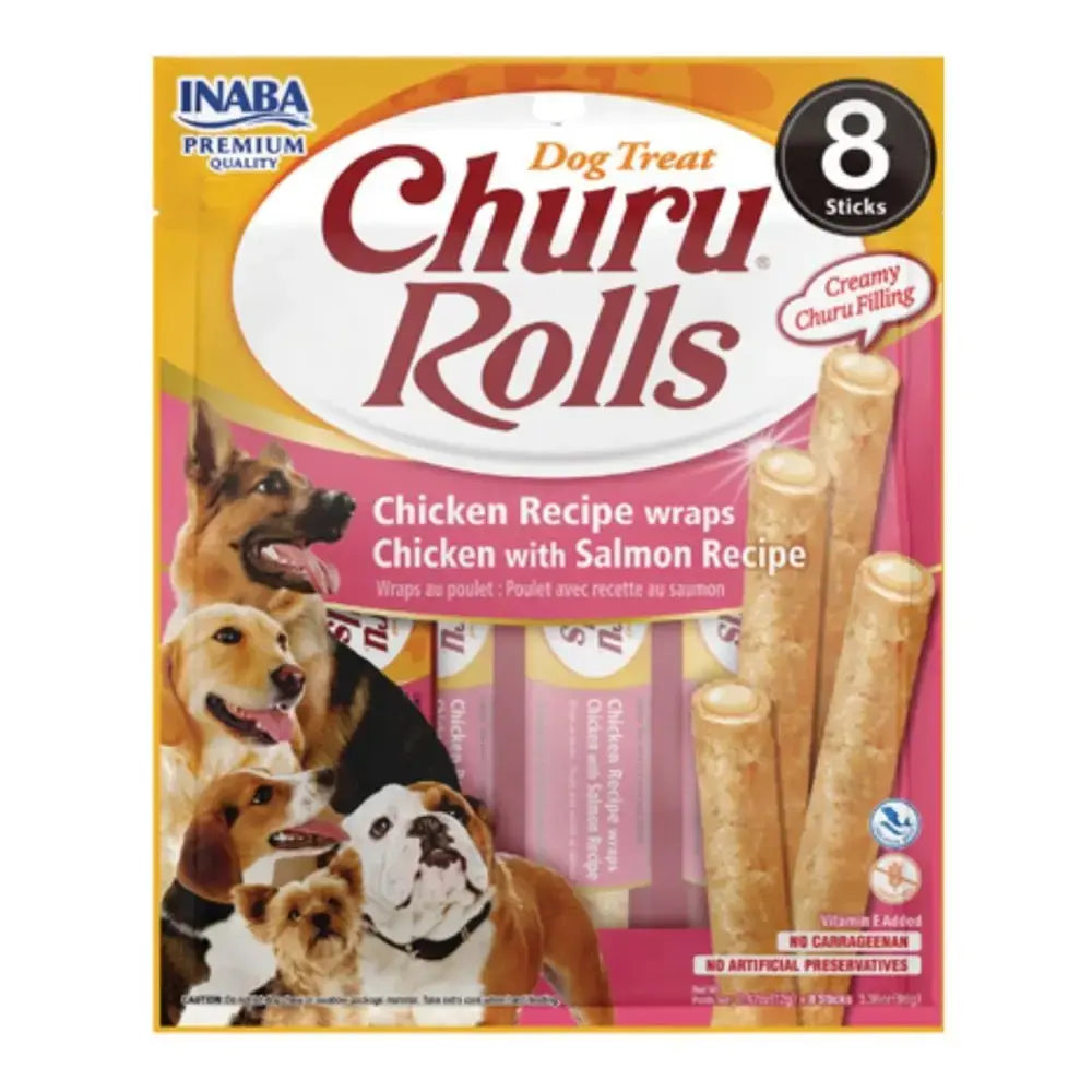 Churu Rolls dog treats with chicken and salmon, featuring a creamy filling and eight tasty sticks.