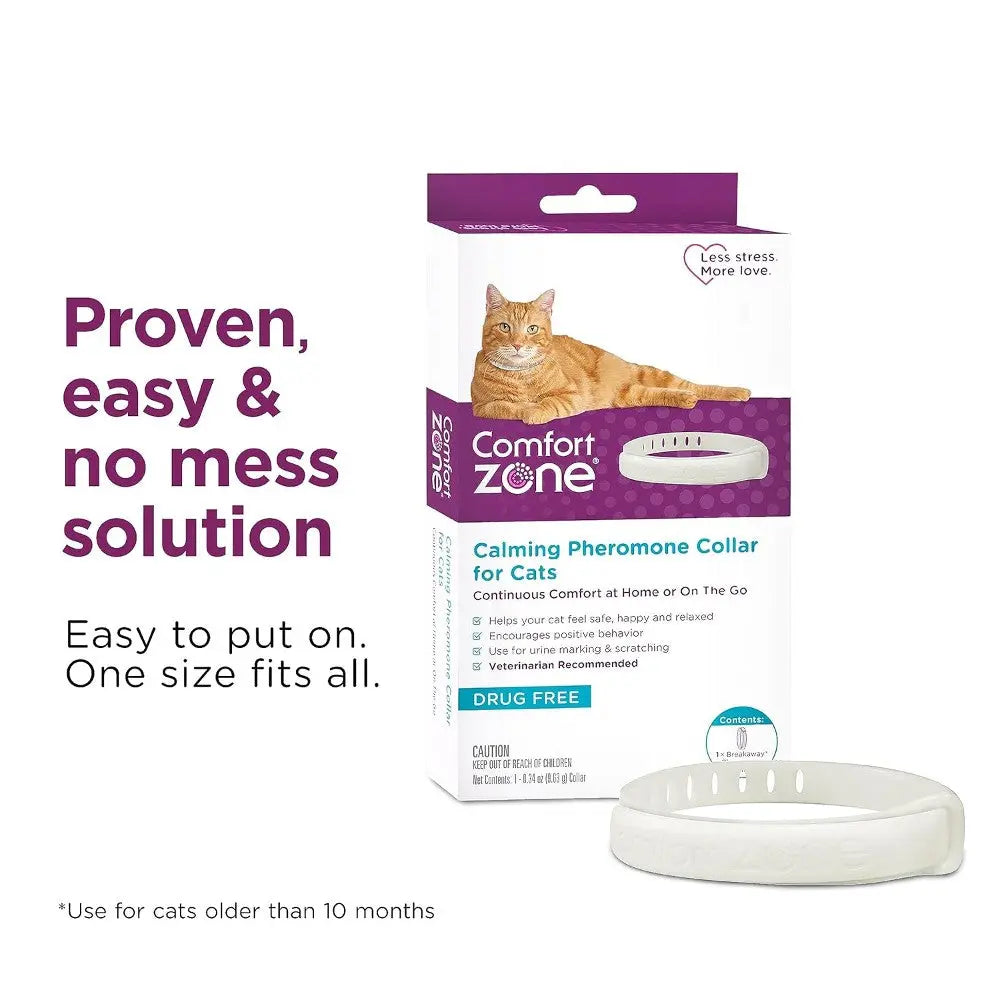 Calming pheromone collar for cats, easy to use, drug-free solution for stress relief.