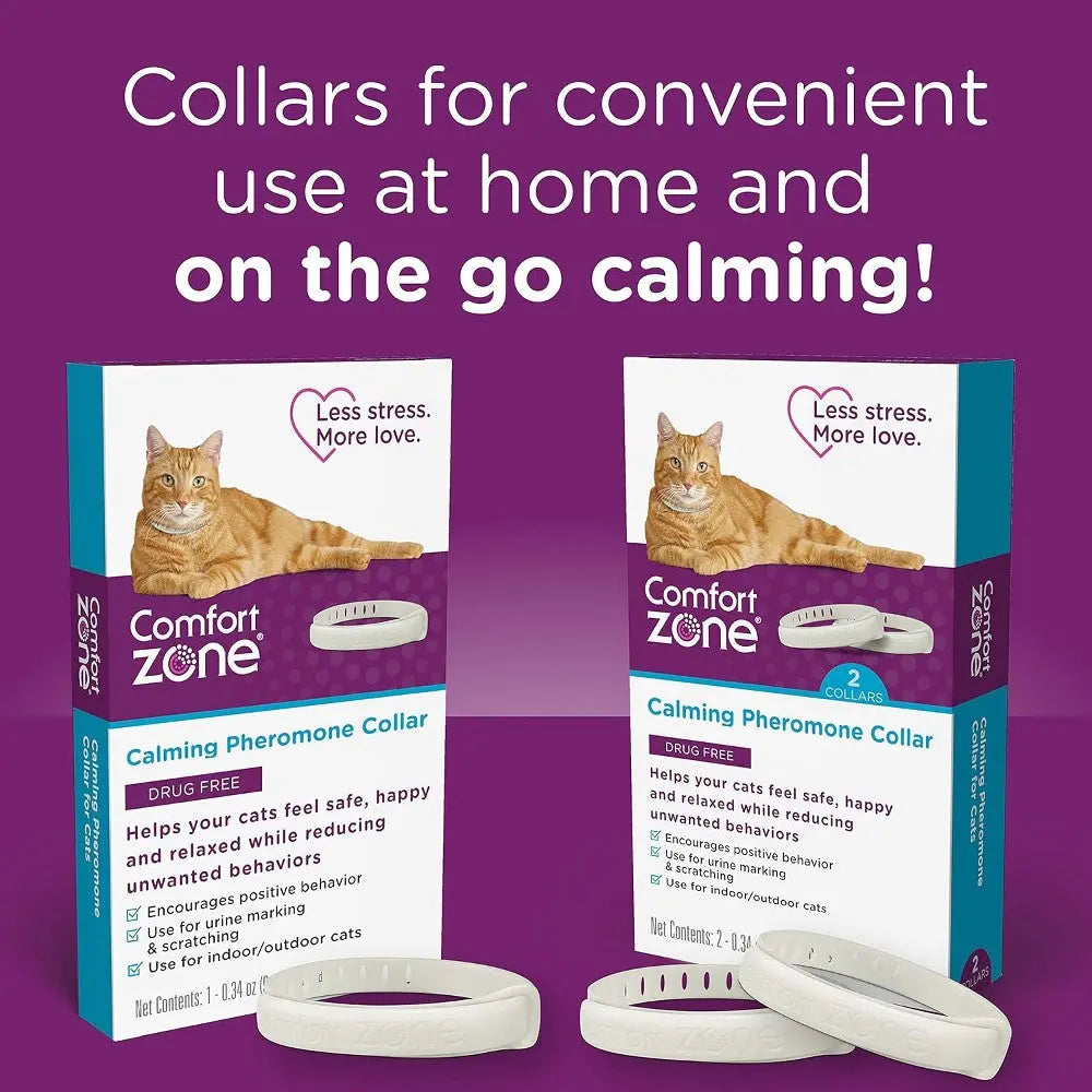 Calming pheromone collars for cats, promoting relaxation at home and on the go.