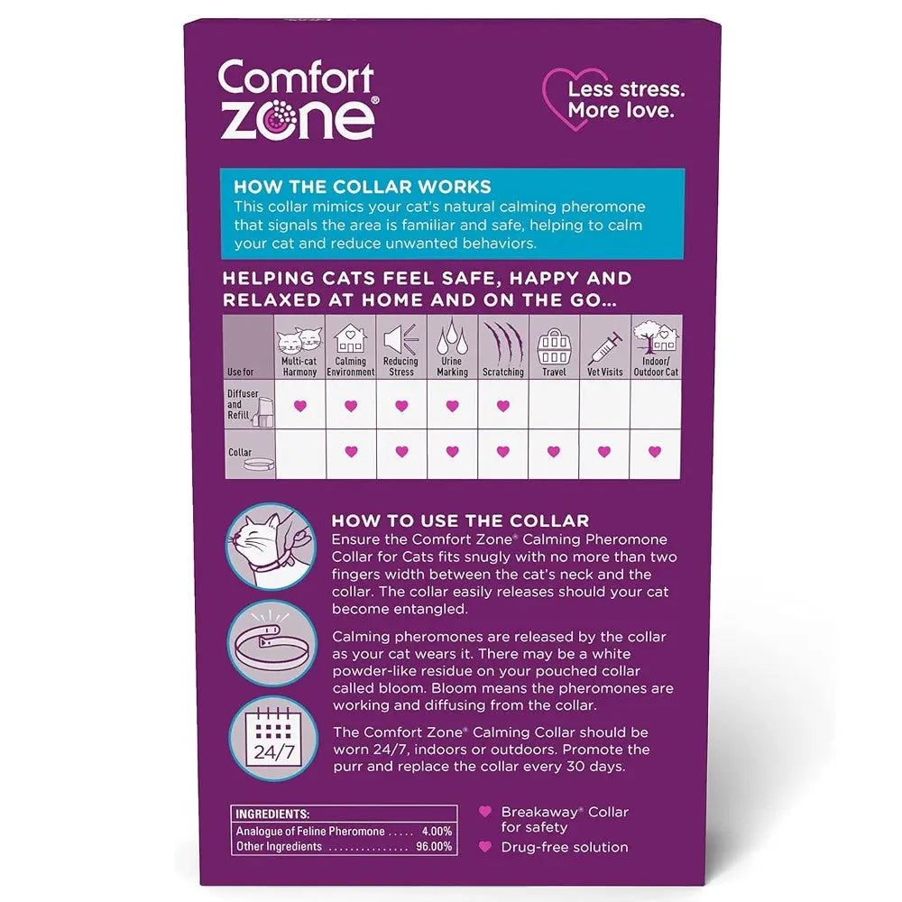 Comfort Zone calming collar packaging with instructions for helping cats feel safe and relaxed.