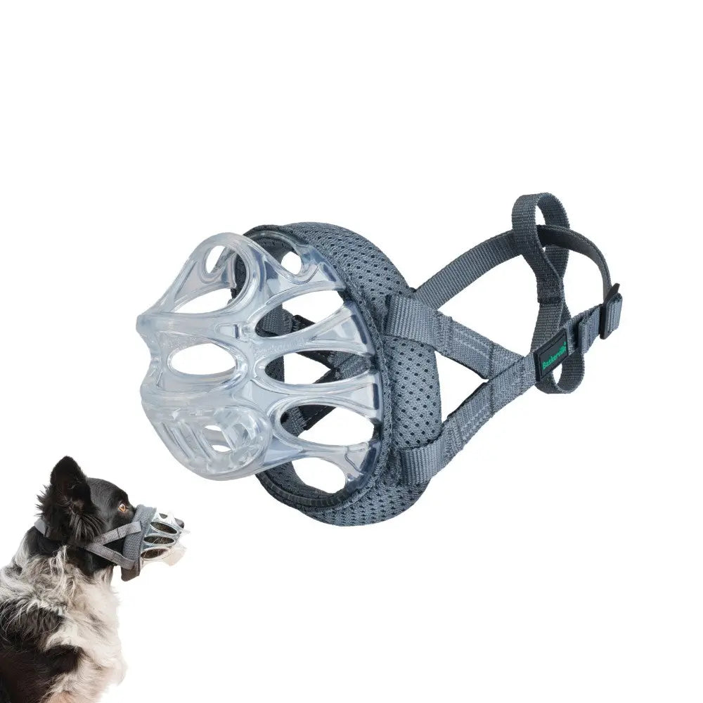 Dog muzzle with breathable design for safe and comfortable use during walks or training.