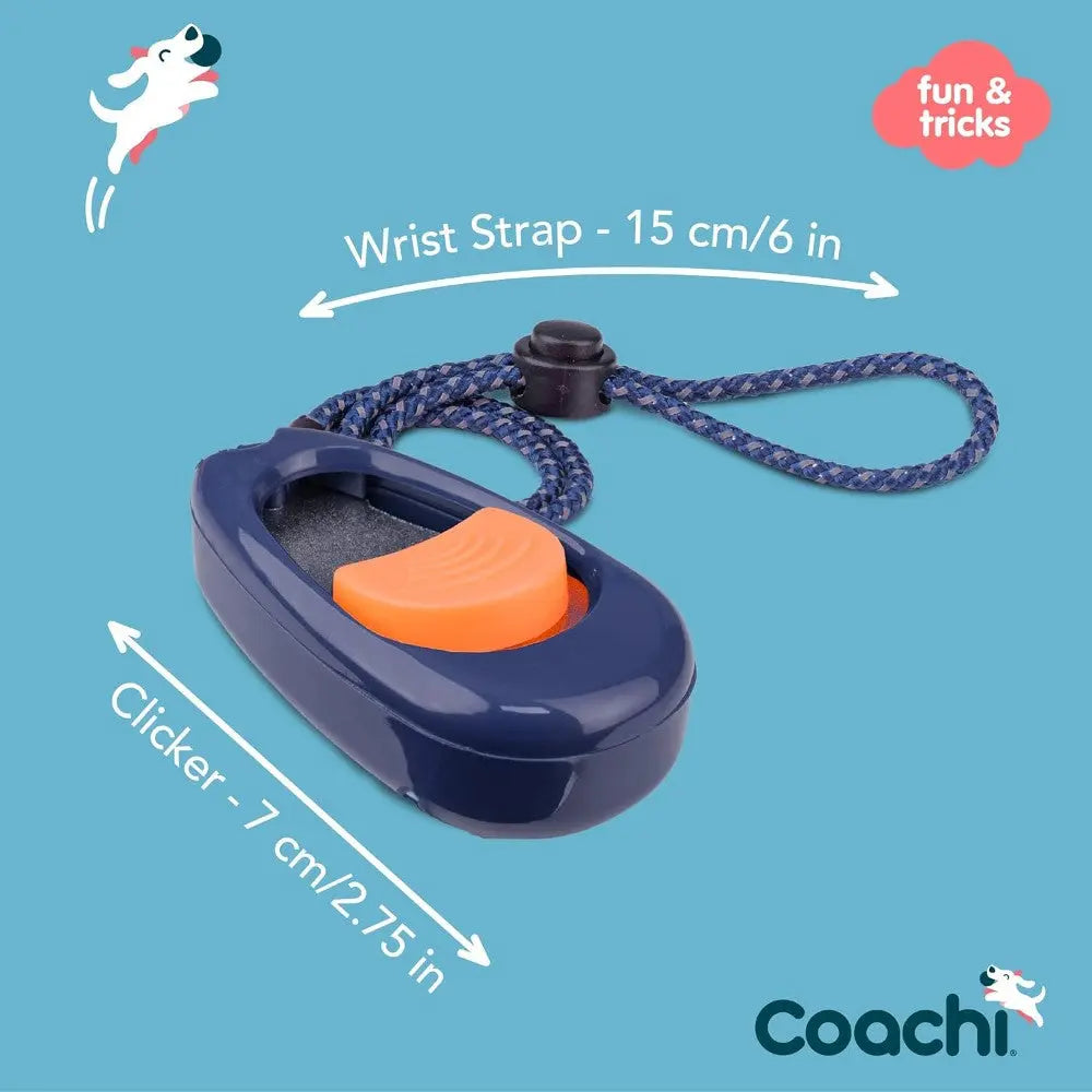 Dog training clicker with wrist strap for effective pet communication and training.