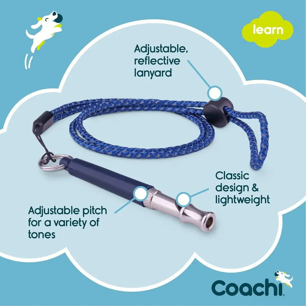 Adjustable dog whistle with a reflective lanyard for training and communication.