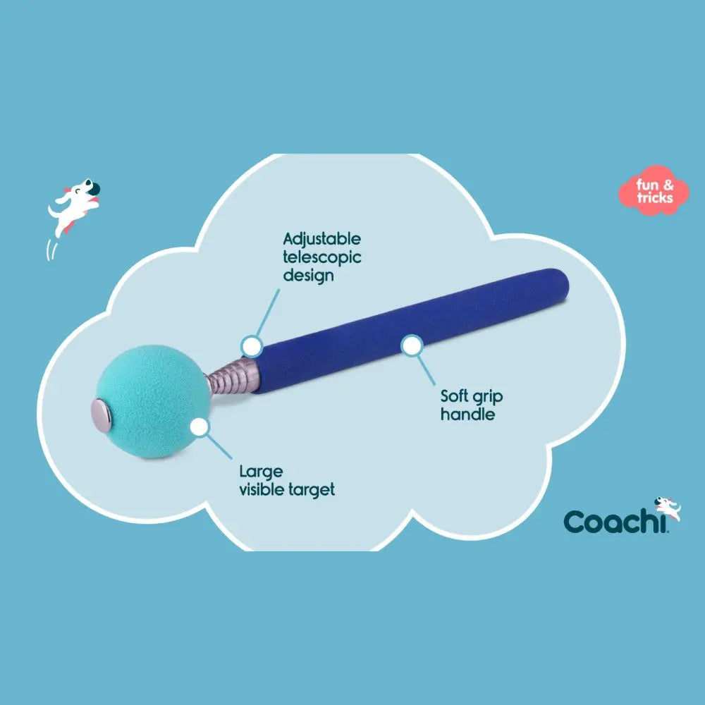 Adjustable telescopic dog toy with a soft grip handle and large visible target for easy play.