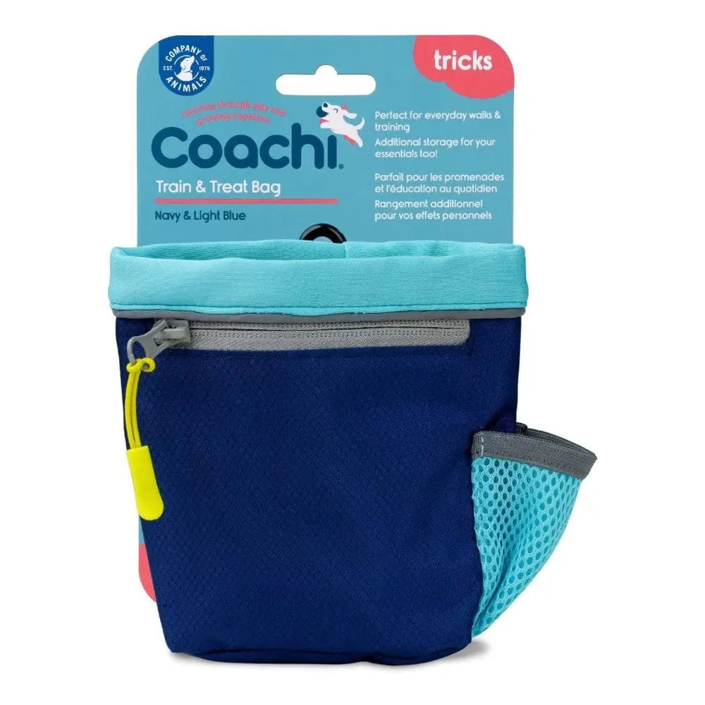 Dog training treat bag in navy and light blue, perfect for walks and training sessions.