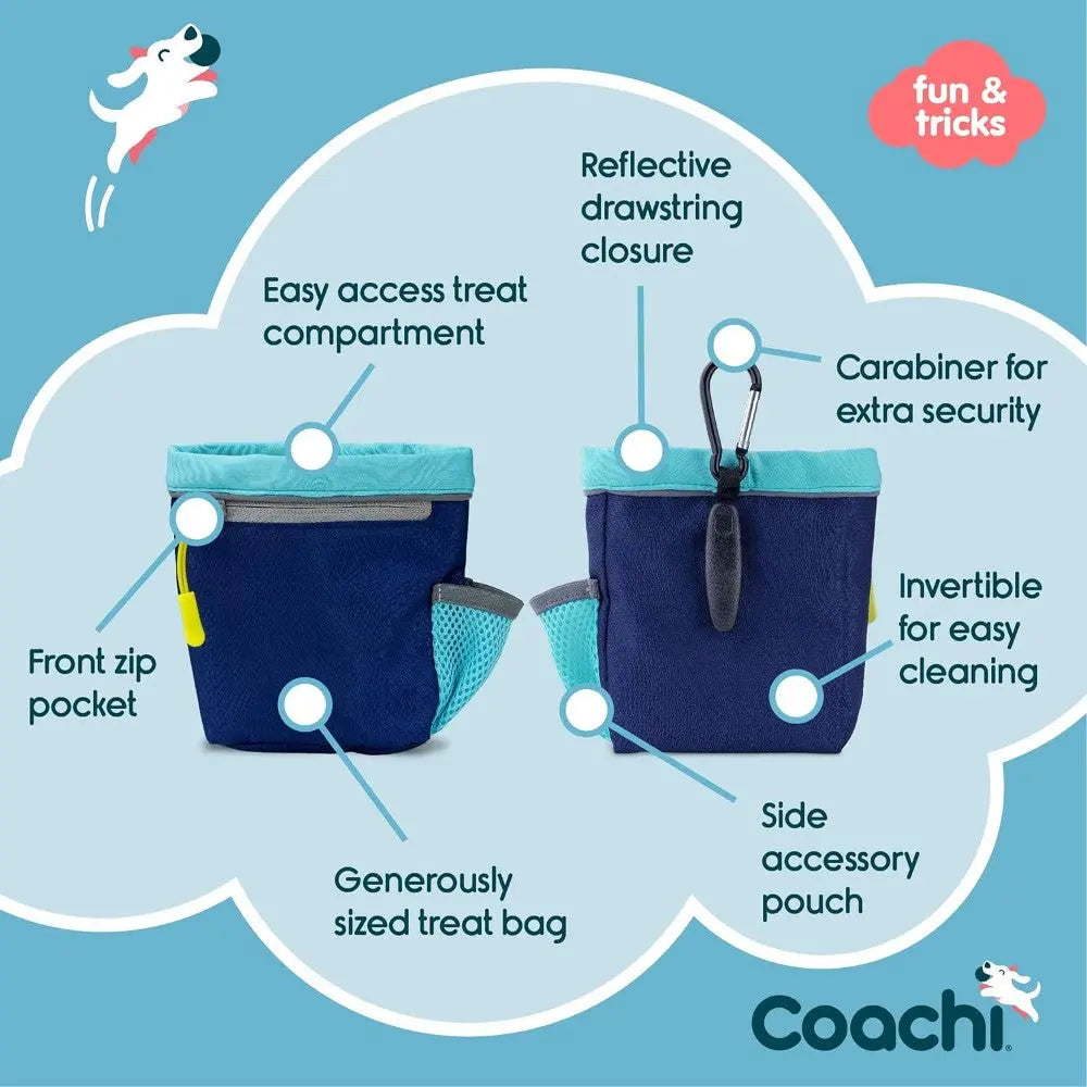 Dog treat bag with easy access, reflective closure, and carabiner for secure storage.