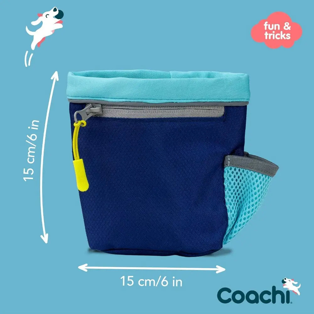 Dog training pouch in blue with mesh pocket, perfect for treats and toys on the go.