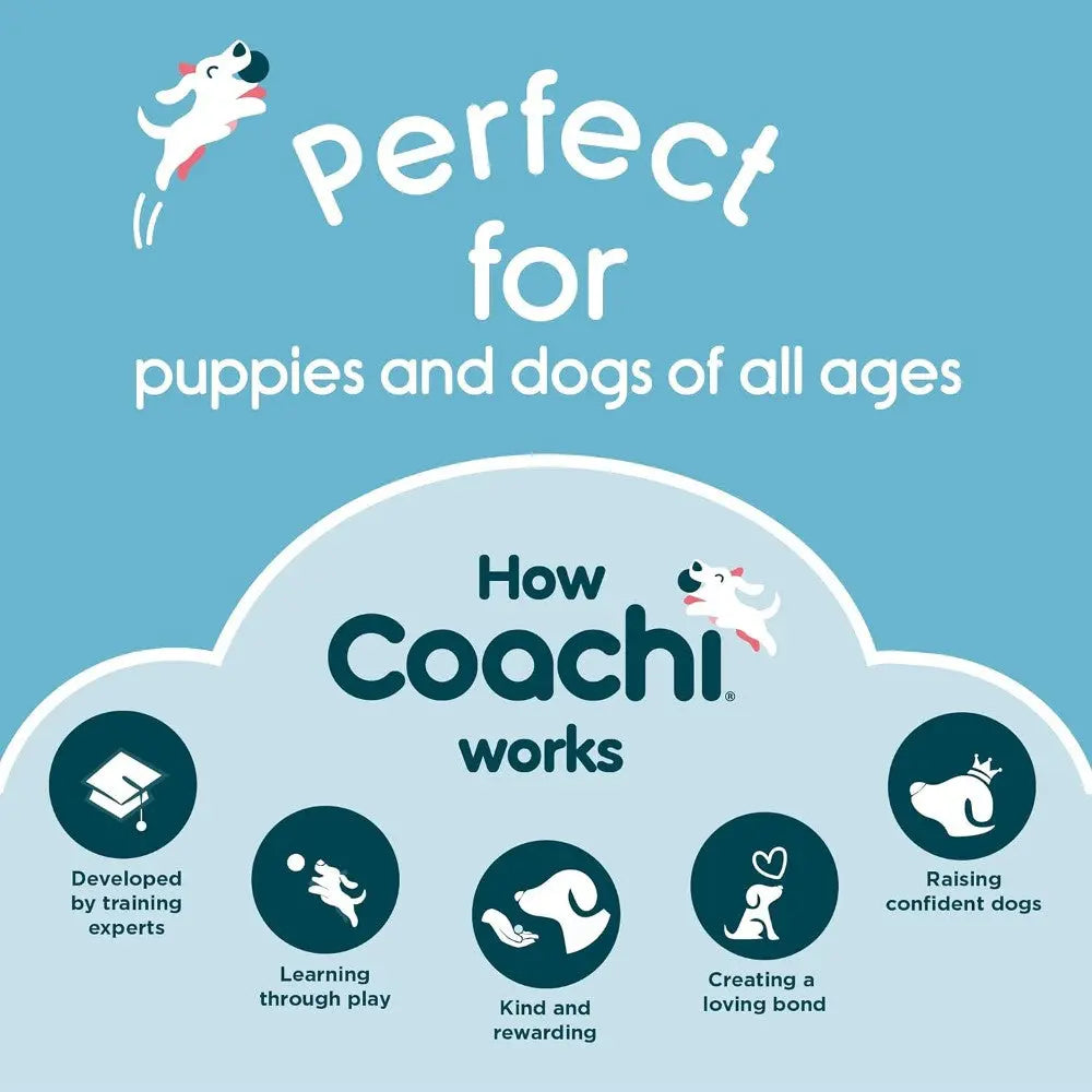 Infographic explaining how Coachi works for training puppies and dogs of all ages.