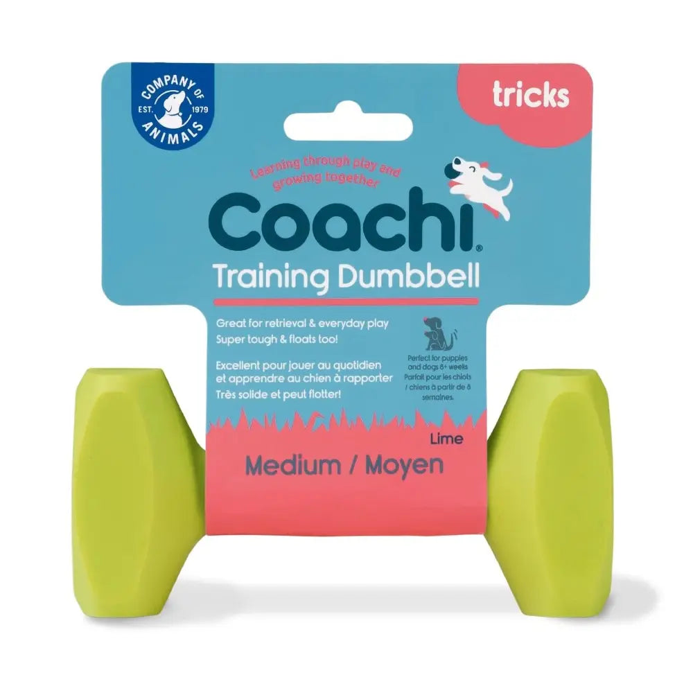 Coachi training dumbbell in lime, perfect for retrieval and everyday play with dogs.