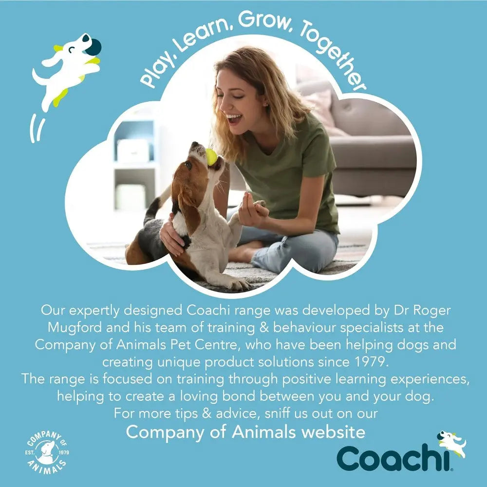 Woman training a dog with positive reinforcement, showcasing the Coachi range for effective pet training.