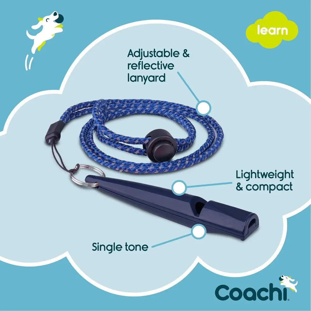 Adjustable reflective lanyard and lightweight whistle for effective dog training.