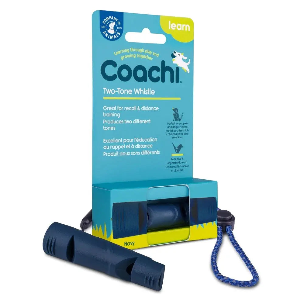 Two-tone dog whistle for training, featuring a navy design and easy-to-use packaging.