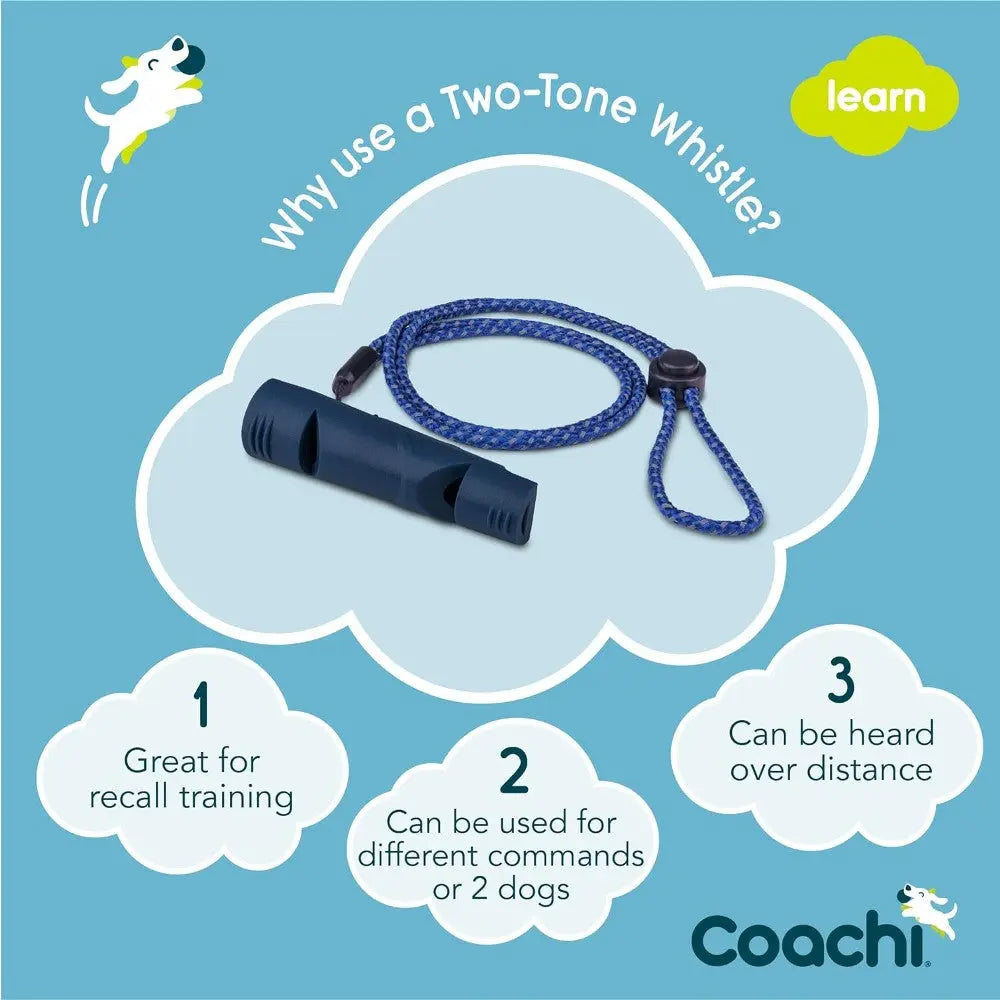 Two-tone dog whistle for recall training, commands, and long-distance use.