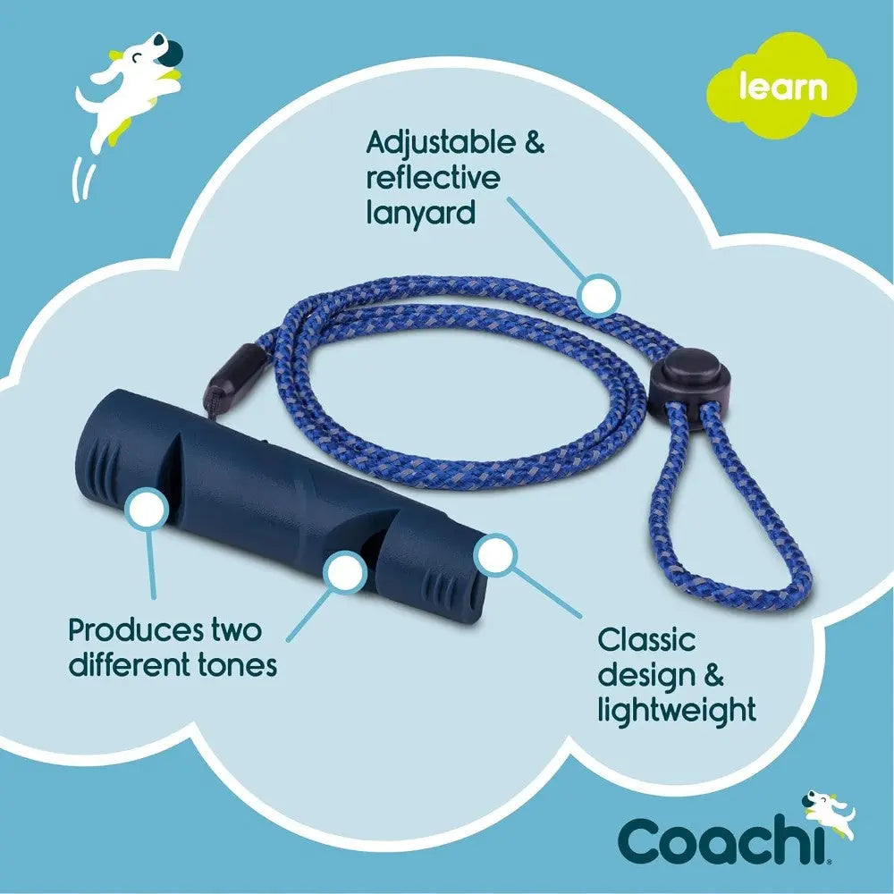 Adjustable dog training whistle with reflective lanyard for effective communication and lightweight design.
