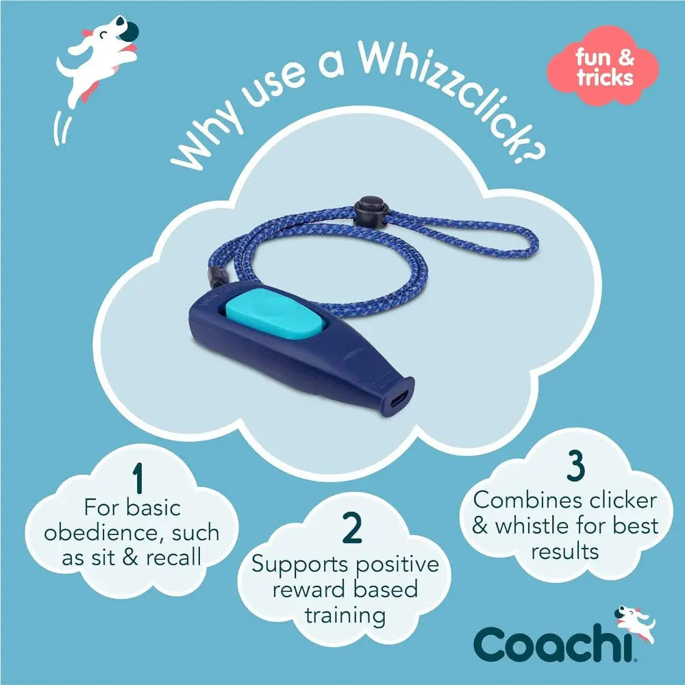 Whizzclick training tool for dogs, combining clicker and whistle for effective obedience training.