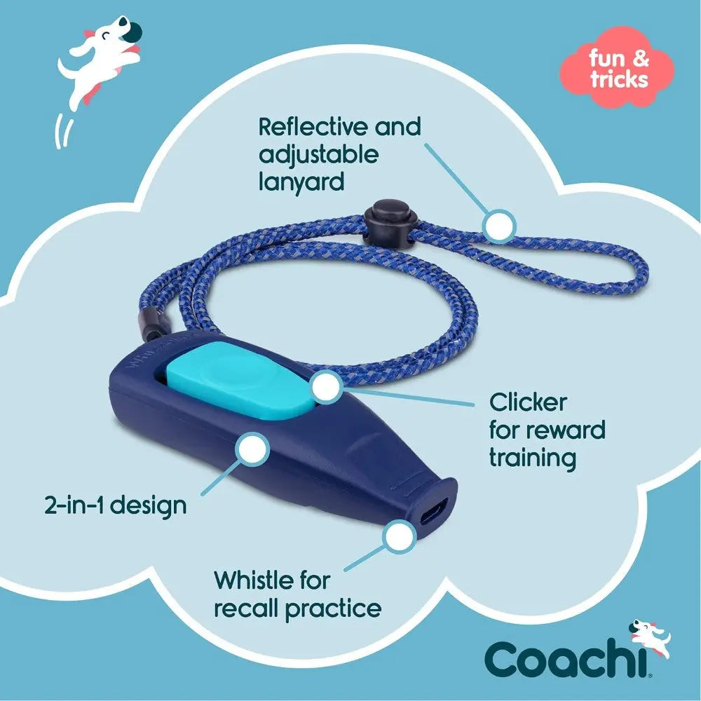 Dog training clicker with adjustable lanyard for rewards and recall practice.