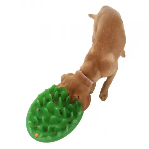 Dog using a green interactive feeding mat to slow down mealtime and promote healthy eating habits.
