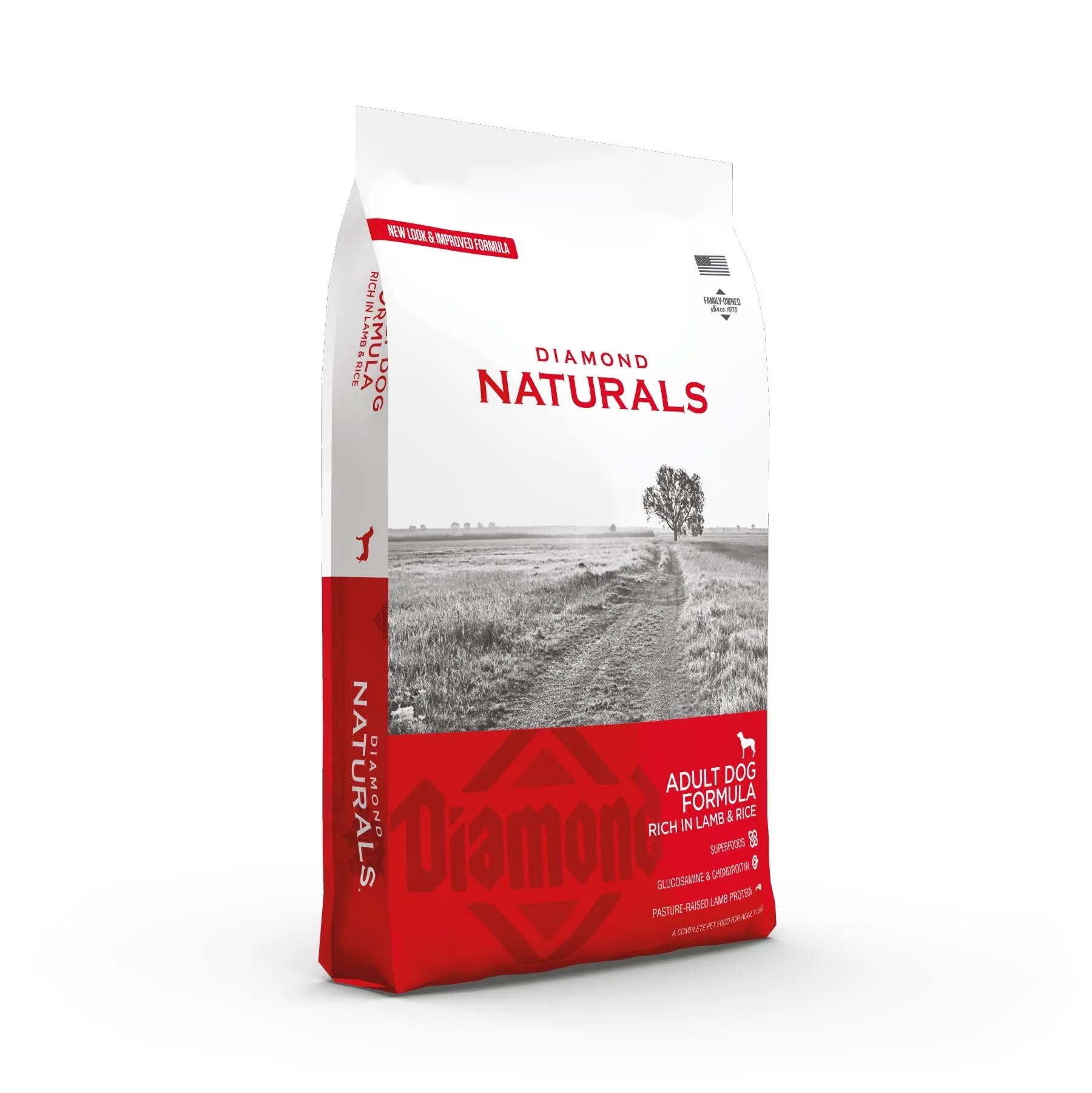 Diamond Naturals Adult Dog Formula bag featuring rich lamb and rice ingredients for optimal canine nutrition.
