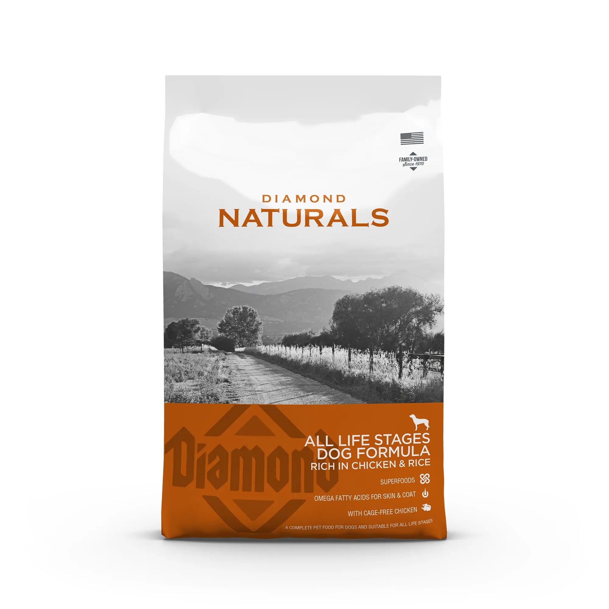Diamond Naturals dog food bag featuring chicken and rice formula for all life stages.