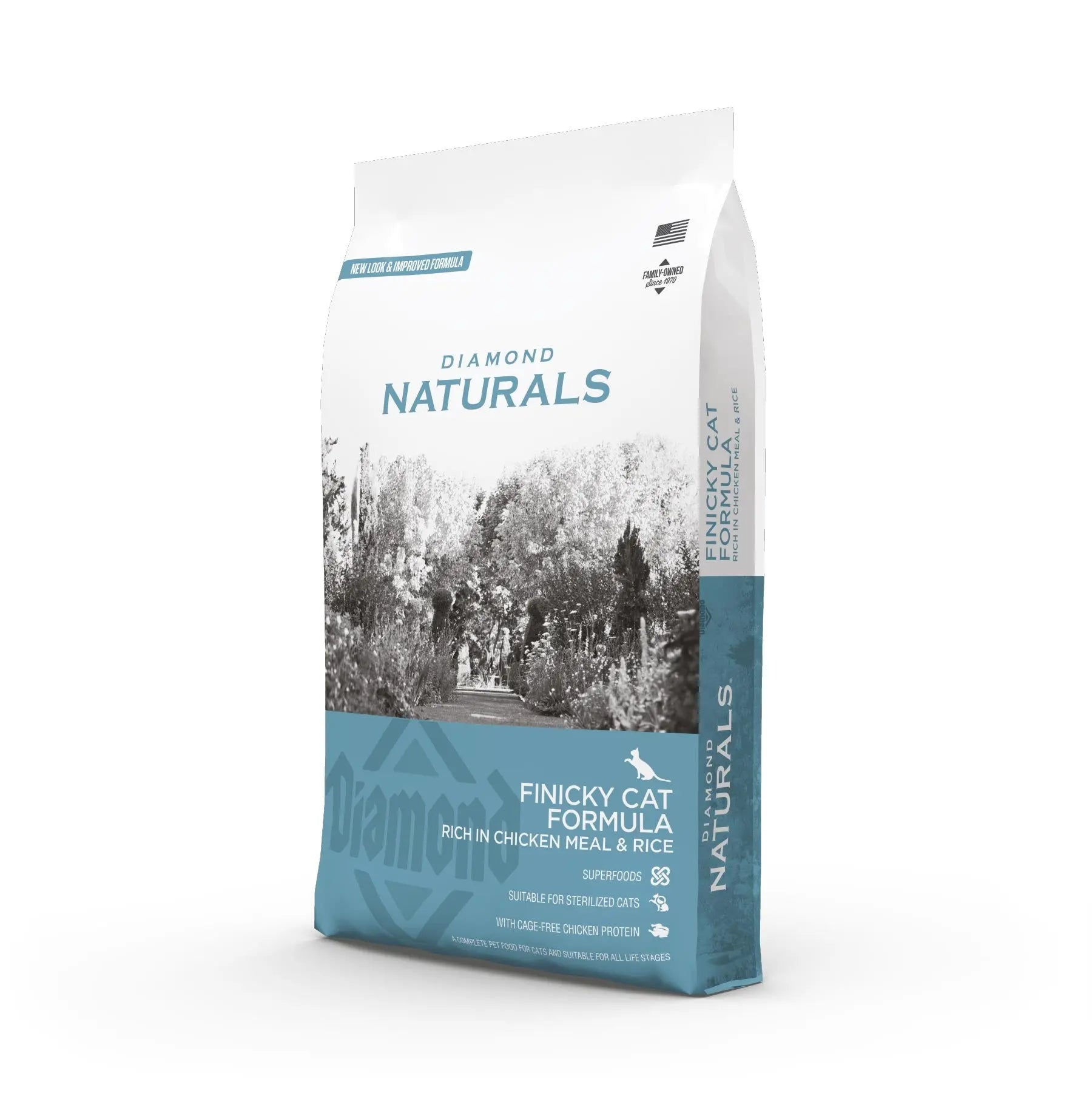 Diamond Naturals Finicky Cat Formula, chicken meal and rice, nutritious cat food packaging.