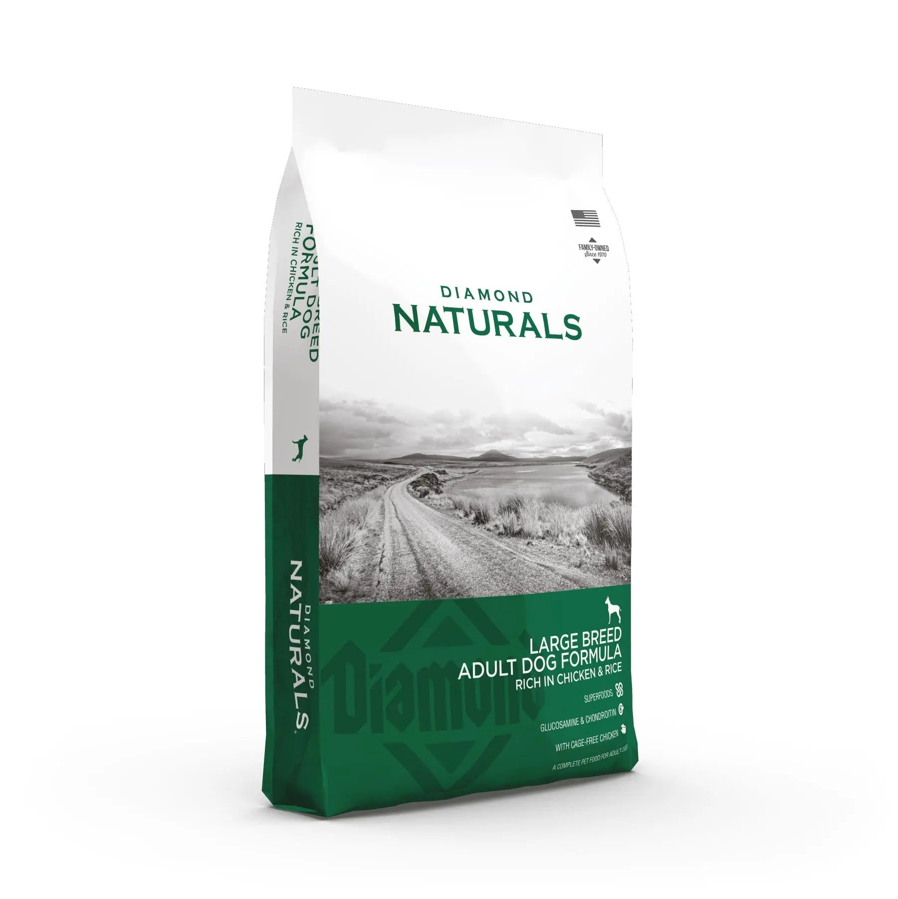 Diamond Naturals large breed adult dog food bag, rich in chicken meal, with a scenic background.