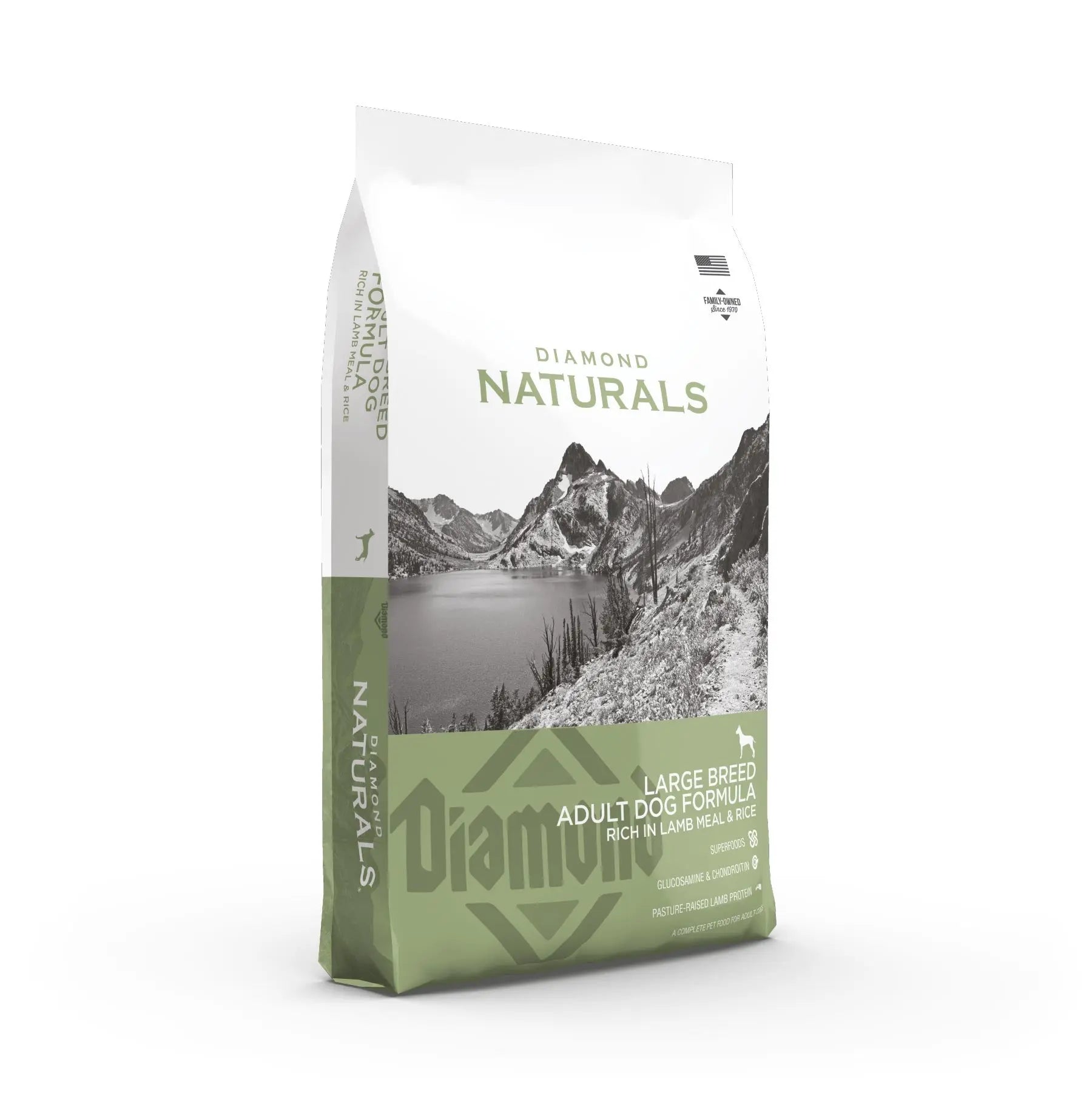 Diamond Naturals Large Breed Adult Dog Food bag featuring lamb and rice formula for optimal nutrition.