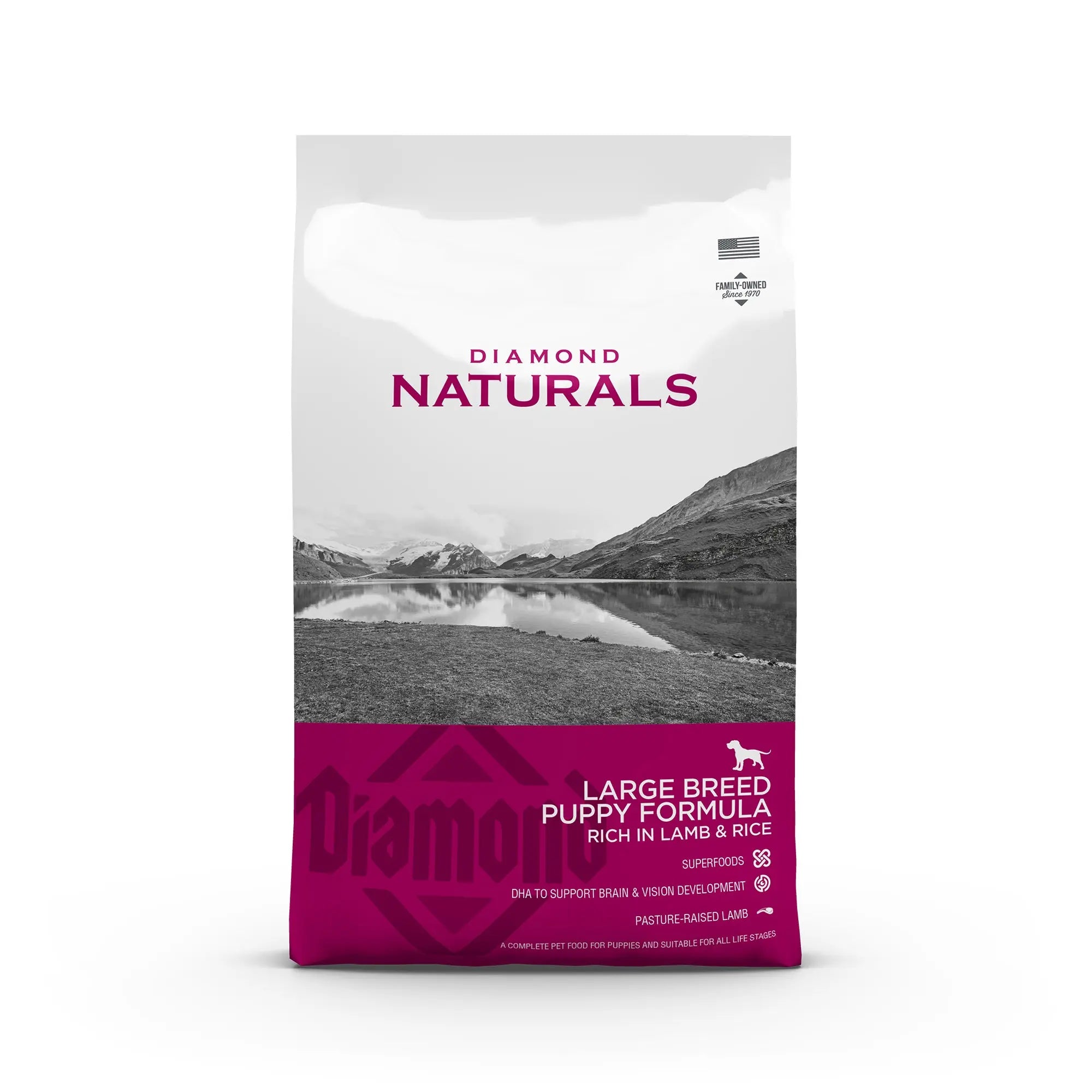 Diamond Naturals Large Breed Puppy Formula bag featuring lamb and rice for optimal growth and development.