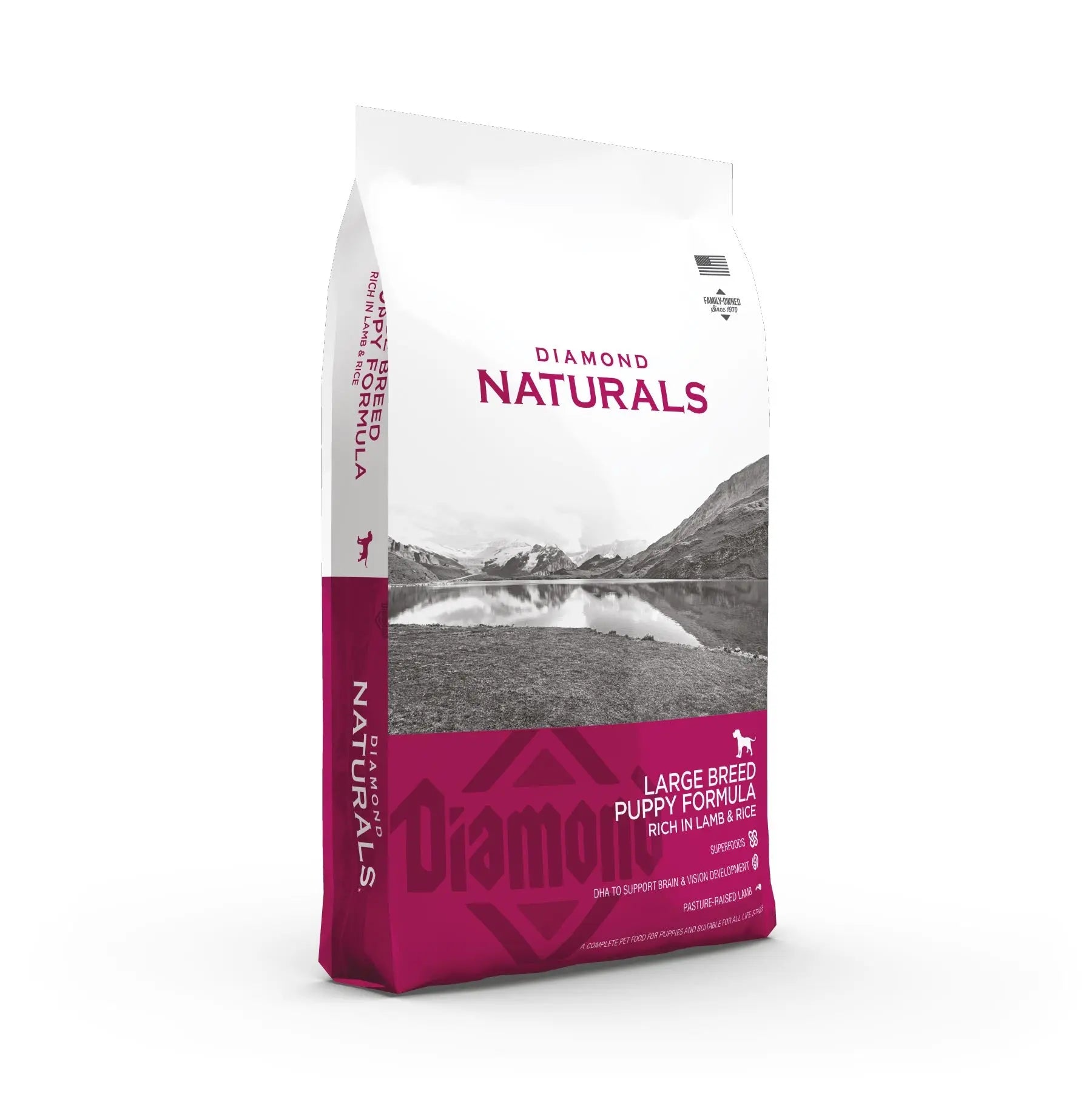 Diamond Naturals Large Breed Puppy Formula dog food bag, rich in nutrients for healthy growth.