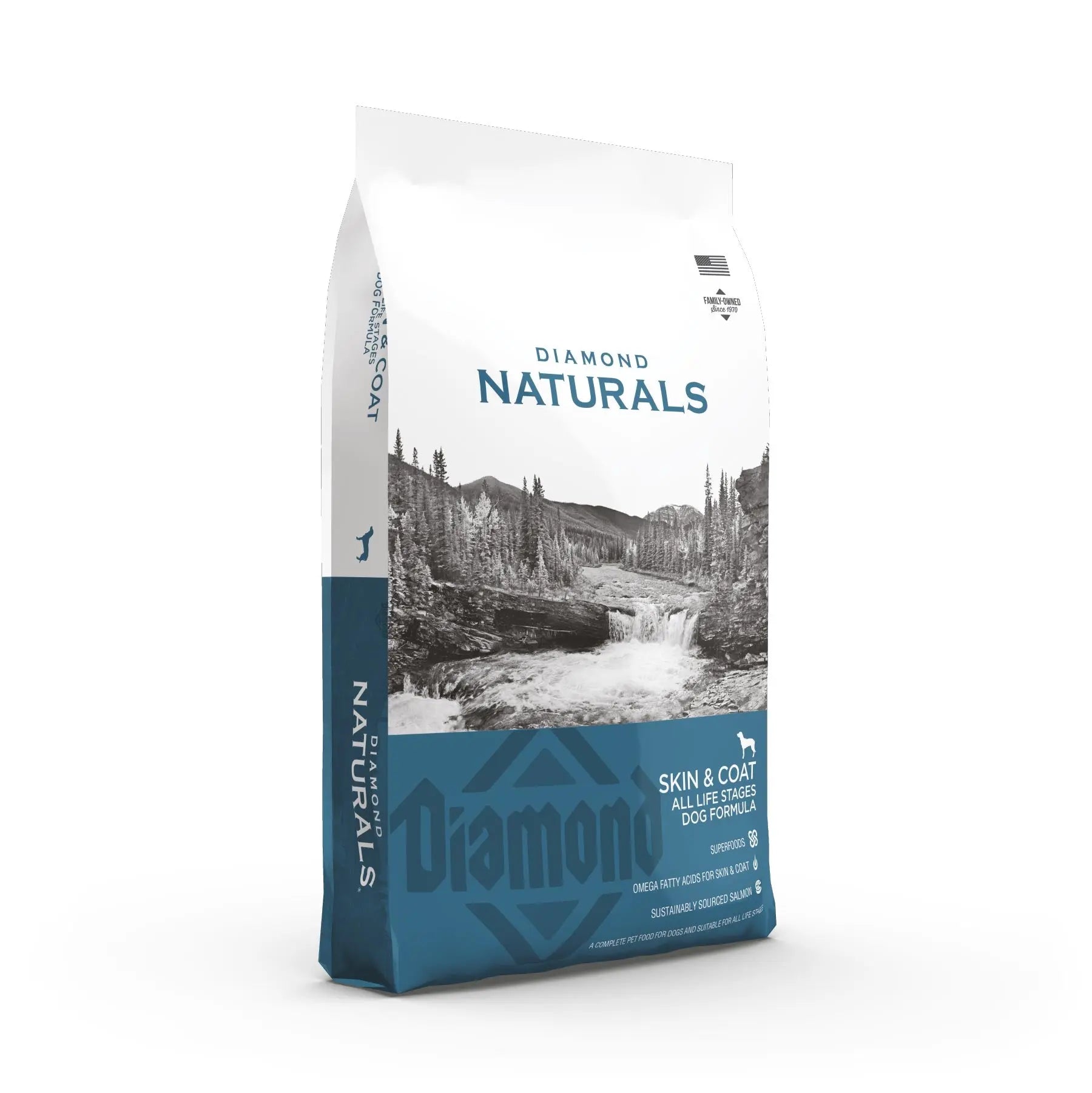 Diamond Naturals Skin & Coat dog food bag featuring a scenic mountain design and clear ingredient labeling.