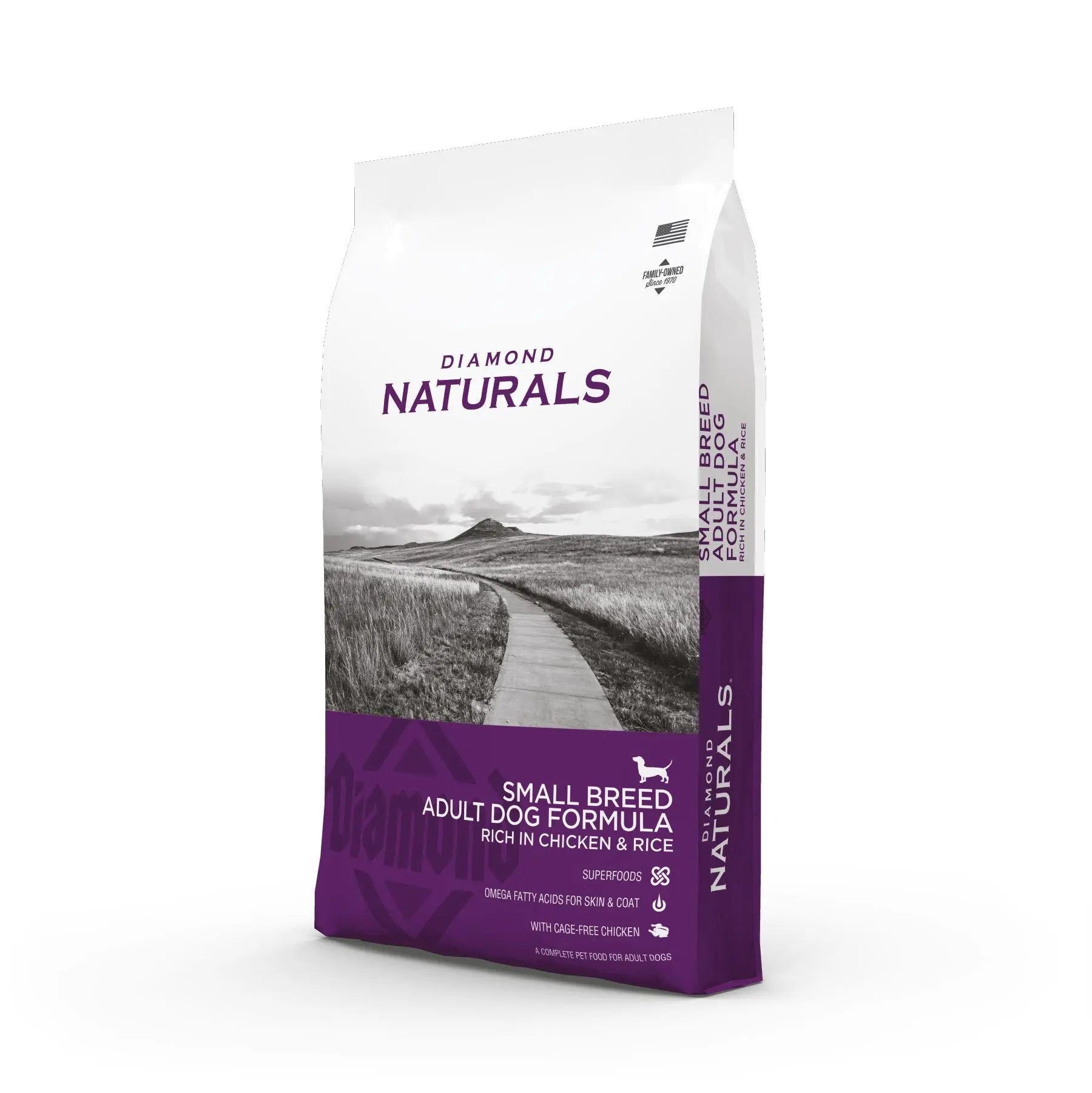 Diamond Naturals small breed dog food bag featuring chicken and rice formula for adult dogs.