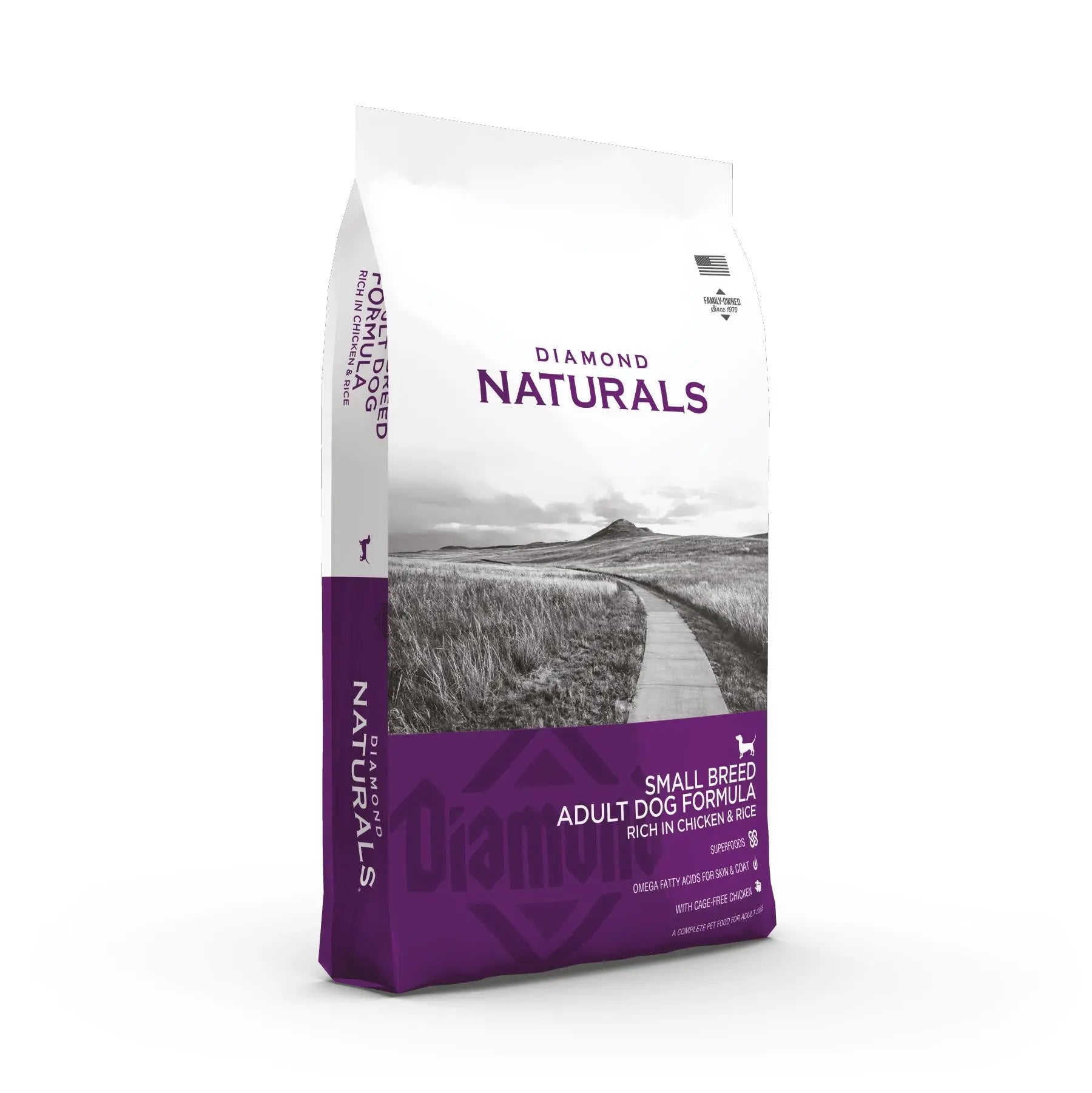 Diamond Naturals Small Breed Adult Dog Food bag featuring chicken-rich formula and scenic landscape design.