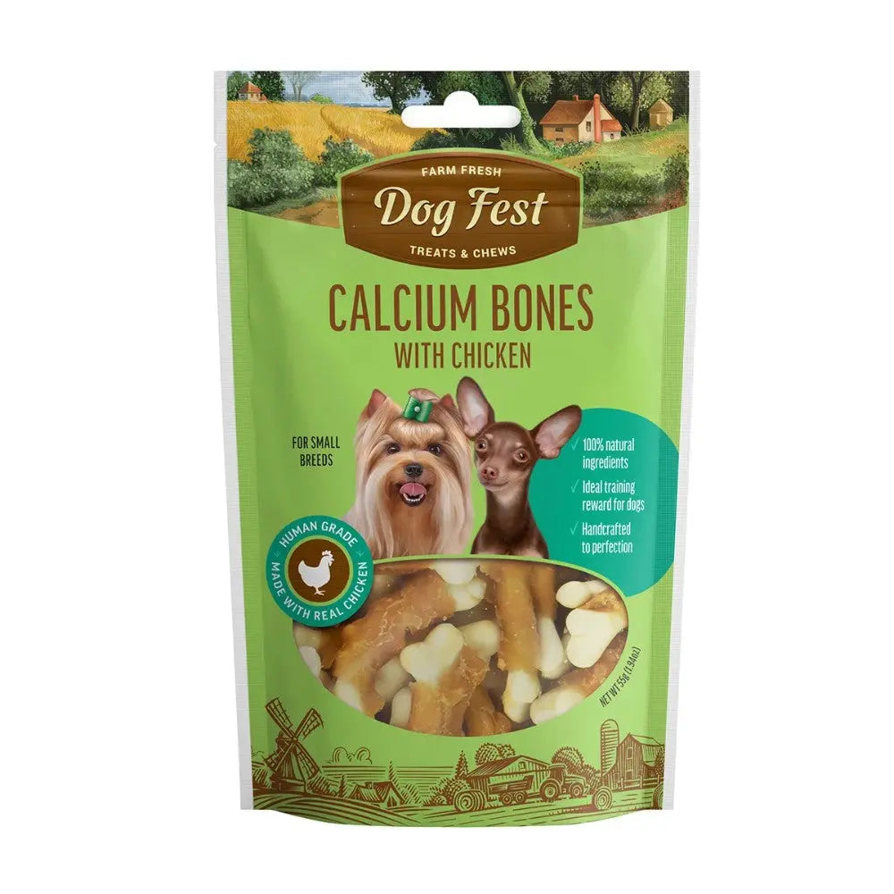 Calcium bones with chicken for small breed dogs, featuring natural ingredients and a tasty treat design.
