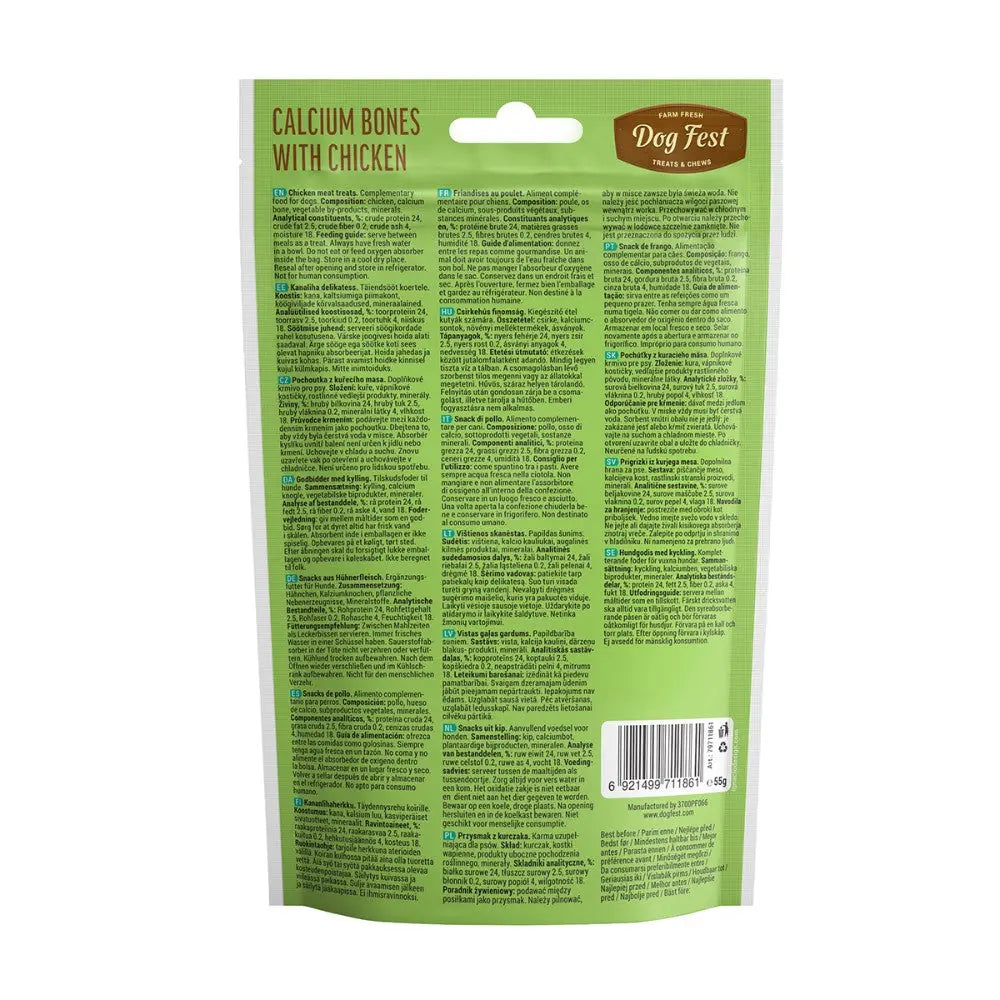 Calcium bones with chicken packaging featuring detailed ingredient and feeding information.