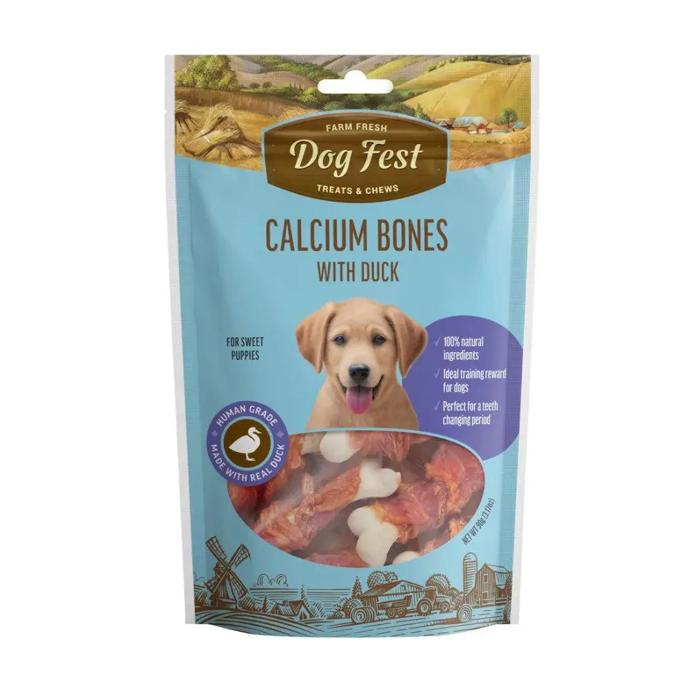 Calcium bones with duck for puppies, featuring natural ingredients and a playful puppy on the packaging.