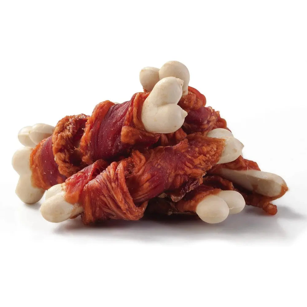 Chewy dog treats with meat-wrapped bones for healthy and tasty pet enjoyment.
