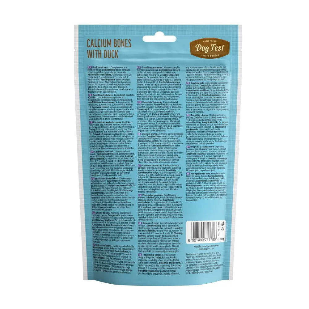 Calcium bones with duck packaging featuring ingredients and feeding guide for dogs.