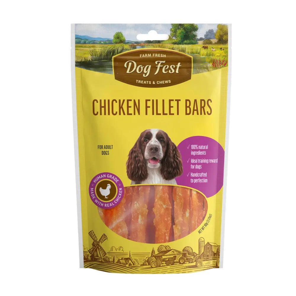 Dog Fest Chicken Fillet Bars for adult dogs, made with 100% natural ingredients and handcrafted for quality.