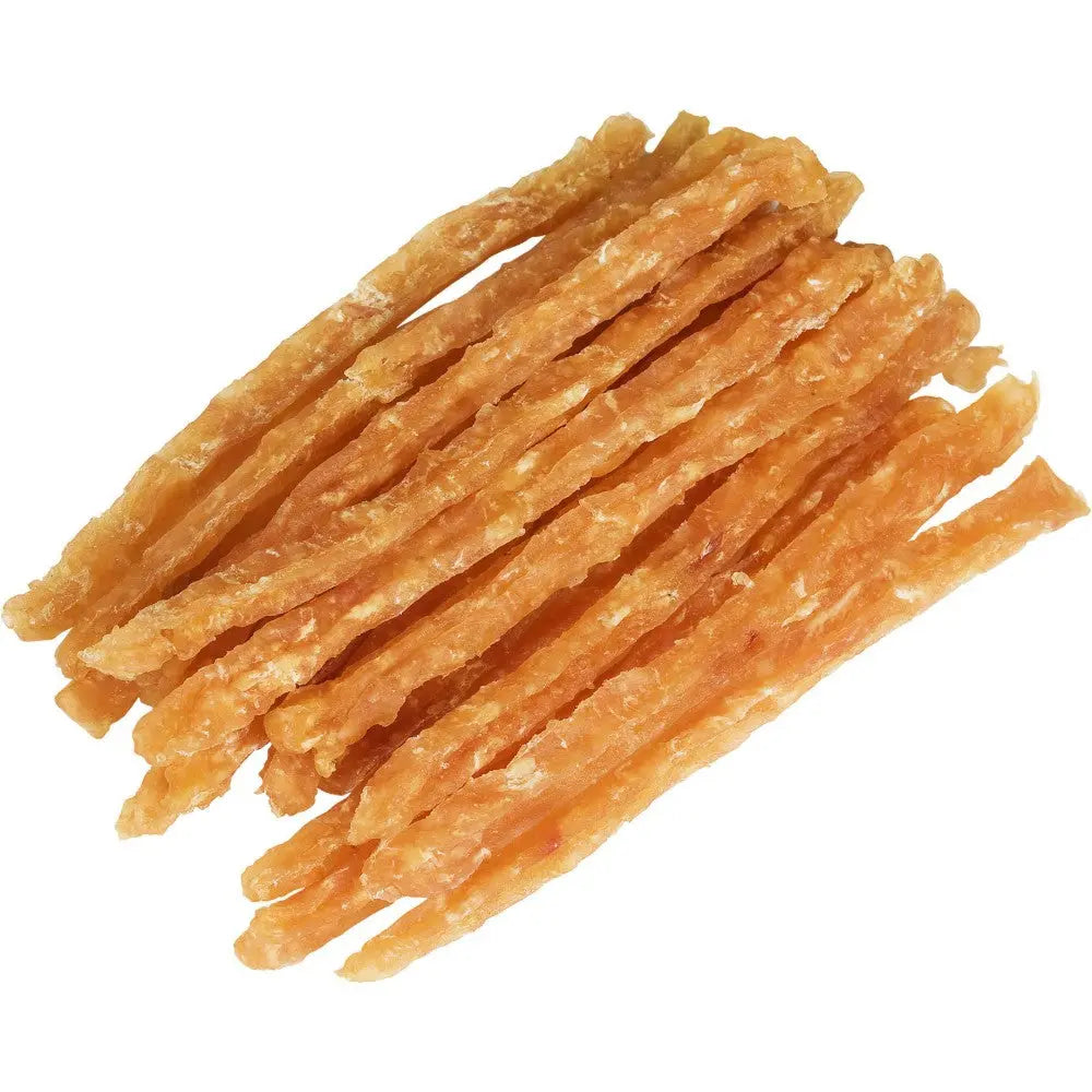 Natural chicken jerky strips for dogs, perfect for training and rewarding your furry friend.
