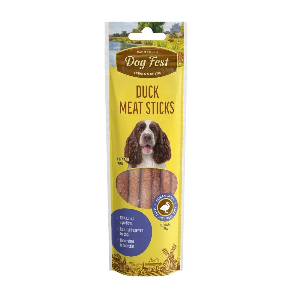 Duck meat sticks for dogs, natural ingredients, healthy treats, packaging design, Farm Fresh brand.