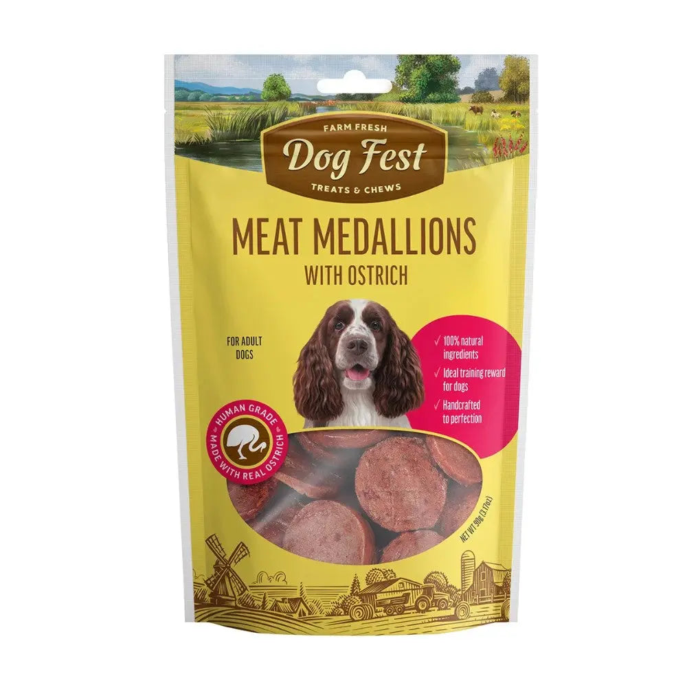 Ostrich meat medallions for dogs, 100% natural, handcrafted treats in a vibrant packaging.