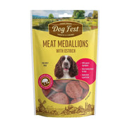 Ostrich meat medallions for dogs, 100% natural, handcrafted treats in a vibrant packaging.