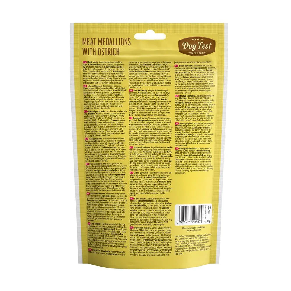 Meat medallions with ostrich packaging featuring ingredients and feeding guide for dogs.