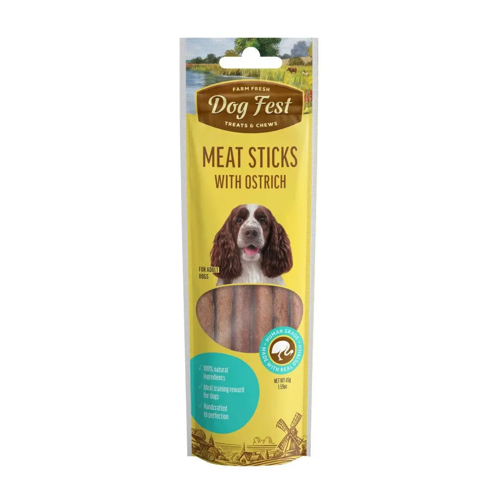 Dog Fest meat sticks with ostrich, made from 100% natural ingredients for healthy dog treats.