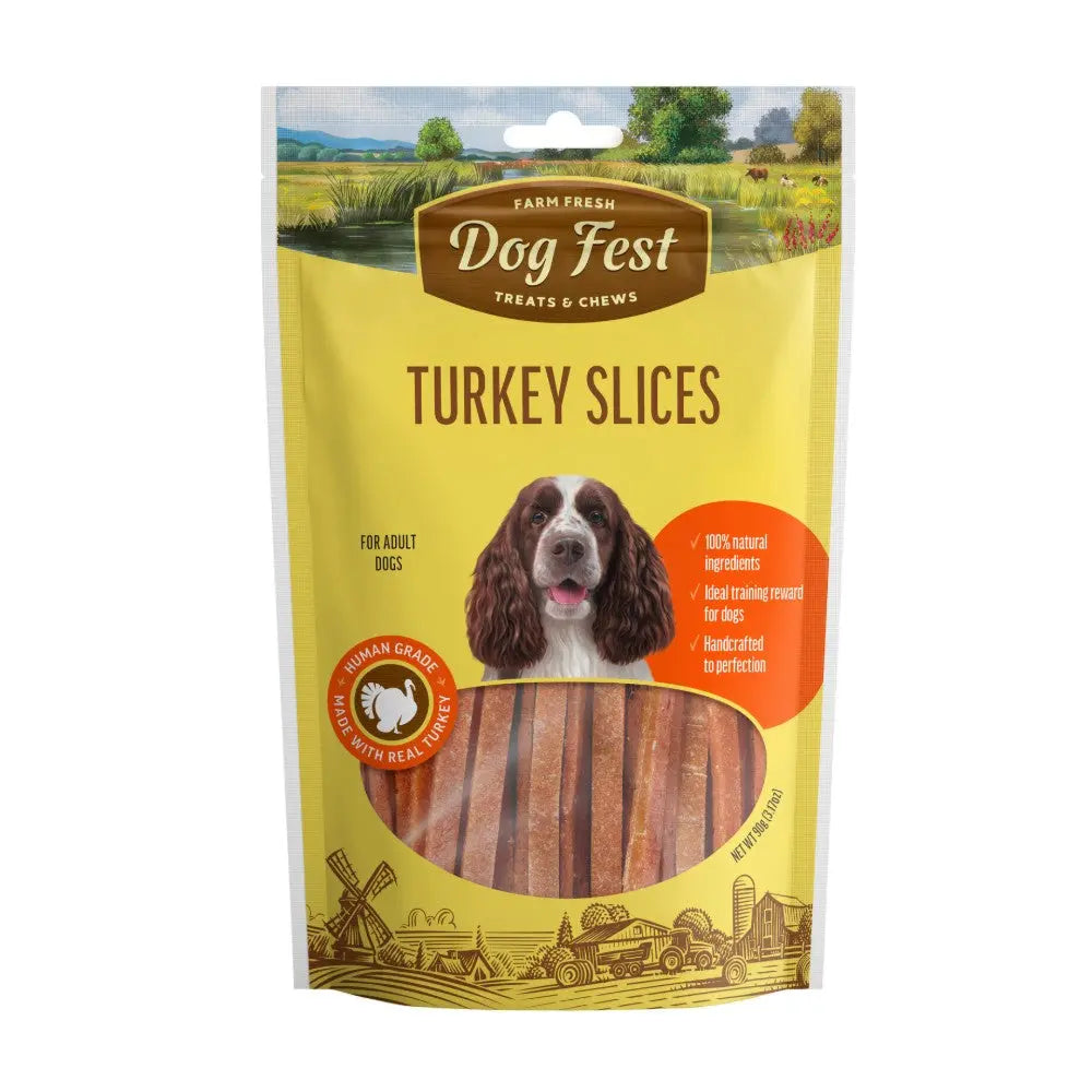 Dog Fest Turkey Slices for adult dogs, made with 100% natural ingredients for training rewards.
