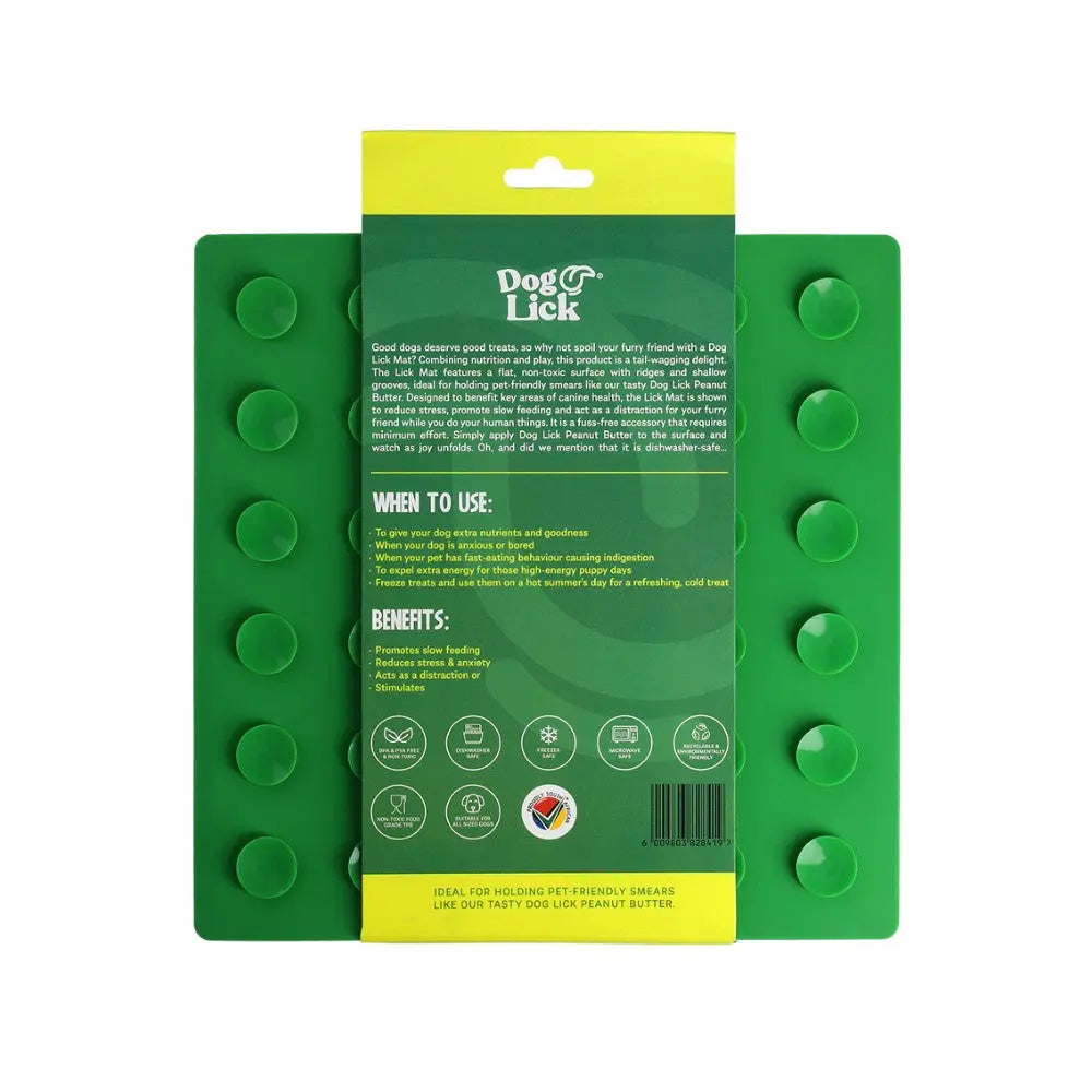 Dog Lick mat for pets, featuring suction cups and a feeding guide for mess-free treat time.